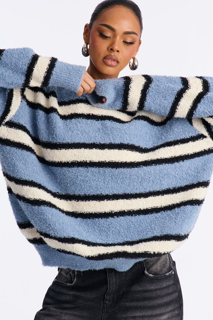 Quality Time Striped Pullover Sweater - Blue