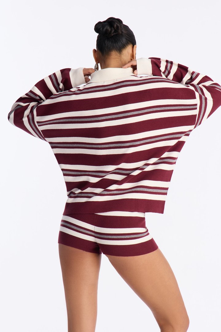Beckham Striped Sweater Short Set - Burgundy/combo