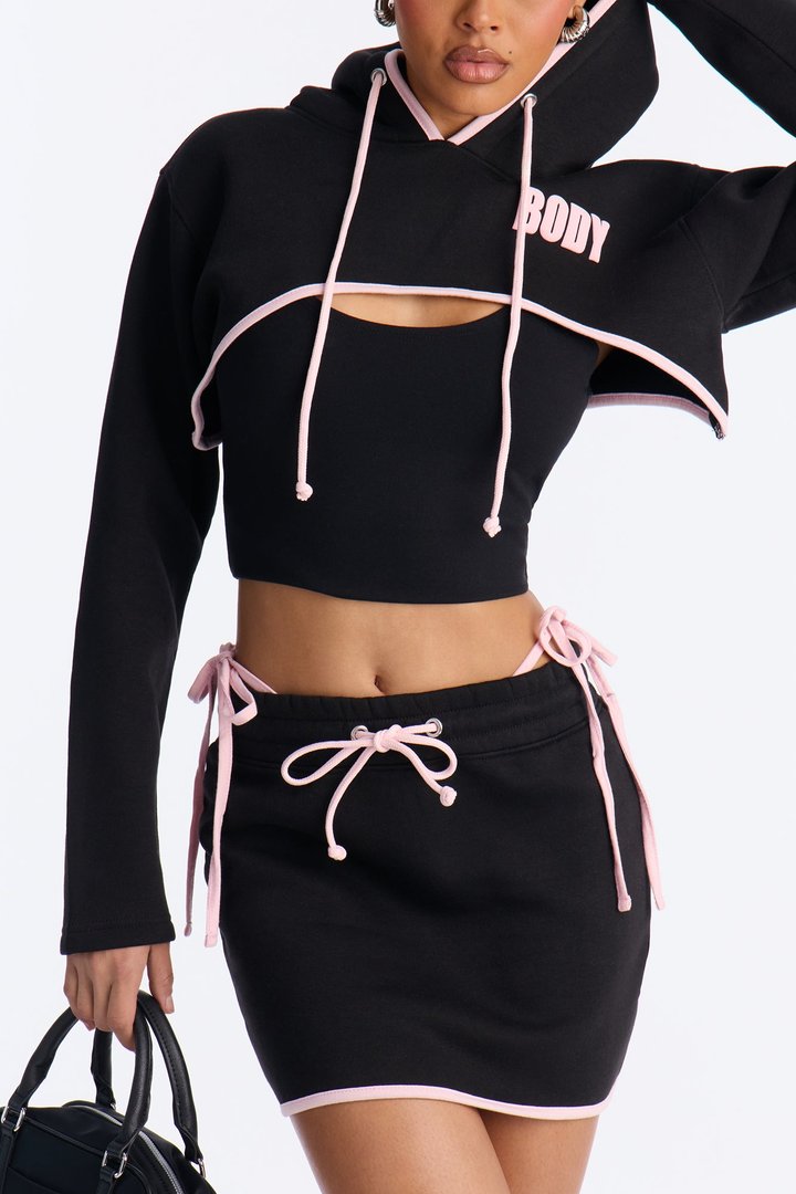 Body Goals Fleece Puff Print Mini Skirt Set - Black/Pink