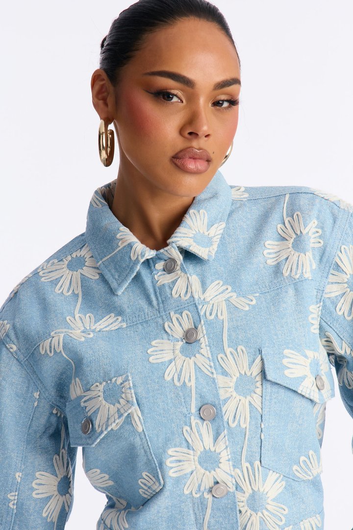 Good Vibes Embroidered Denim Trucker Jacket - Light Wash