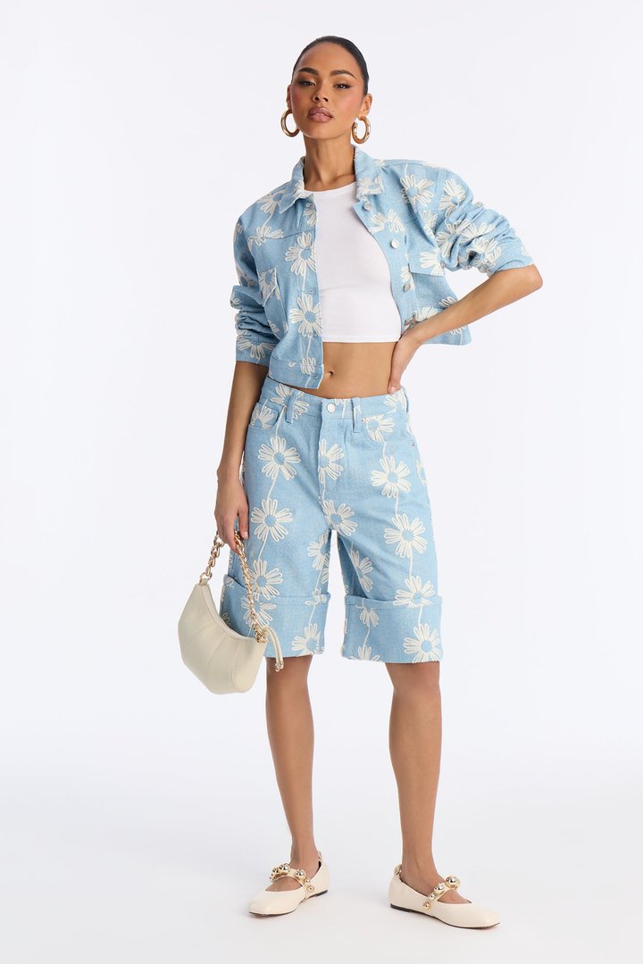 Good Vibes Embroidered Denim Trucker Jacket - Light Wash