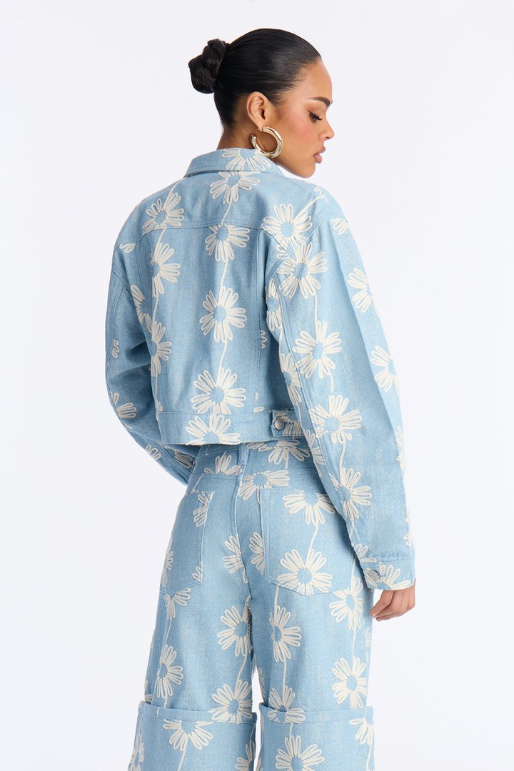 Good Vibes Embroidered Denim Trucker Jacket - Light Wash