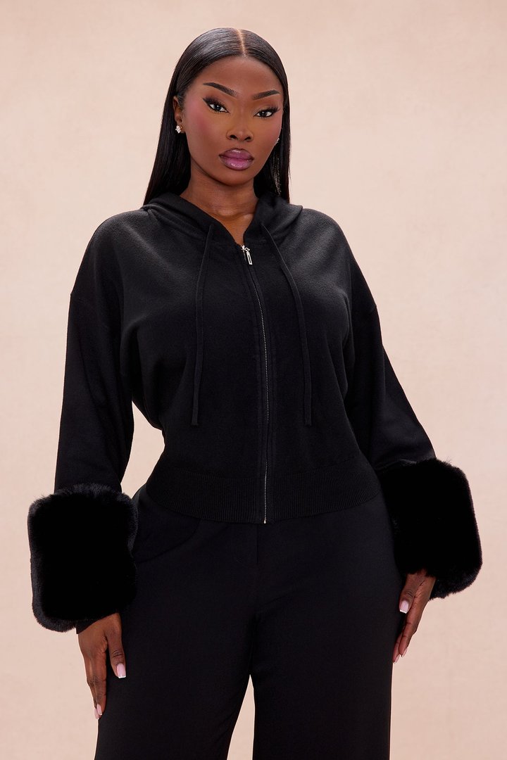 Keep Warm Fur Cuff Hoodie - Black
