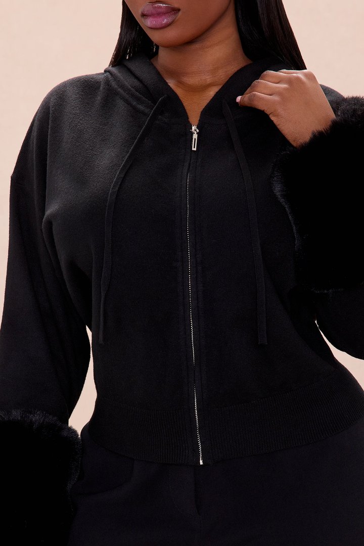 Keep Warm Fur Cuff Hoodie - Black