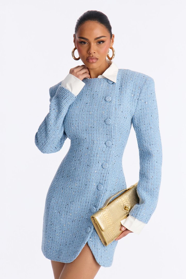 Taryn Long Sleeve Tweed Mini Dress - Blue