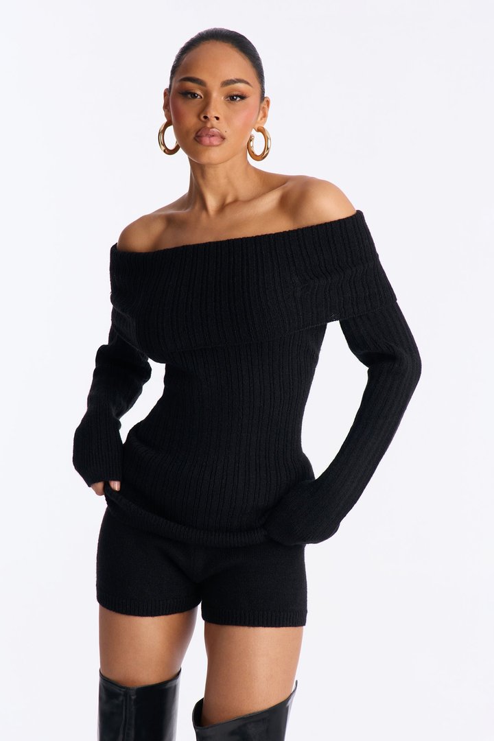 Parke Sweater Off Shoulder Micro Short Set - Black