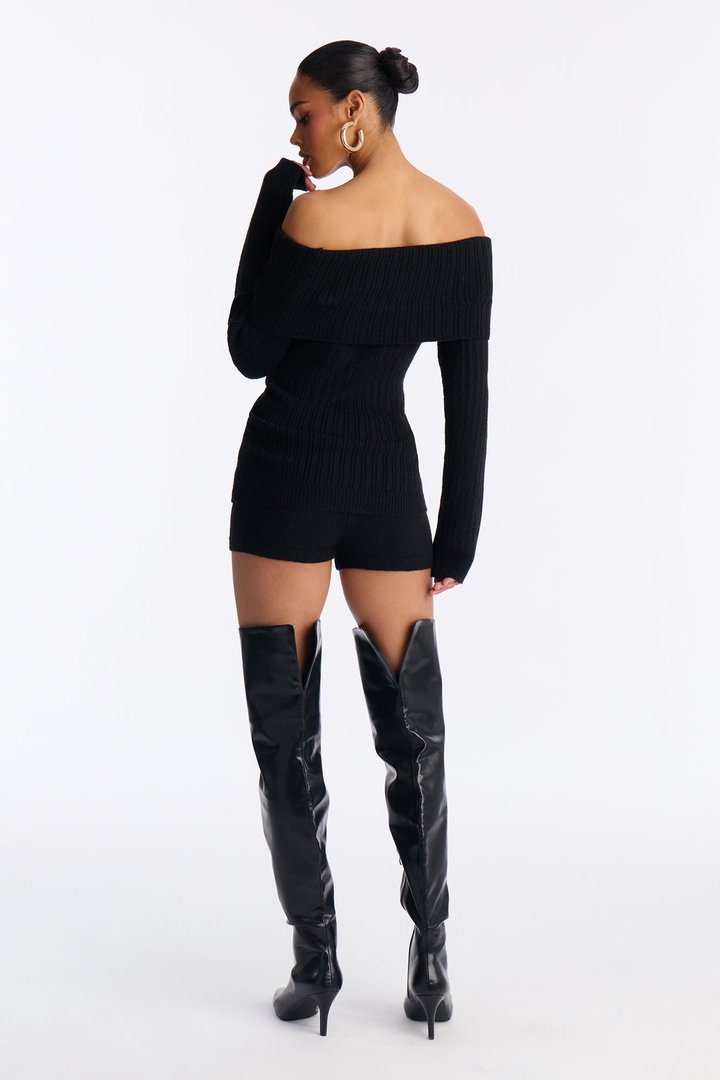 Parke Sweater Off Shoulder Micro Short Set - Black