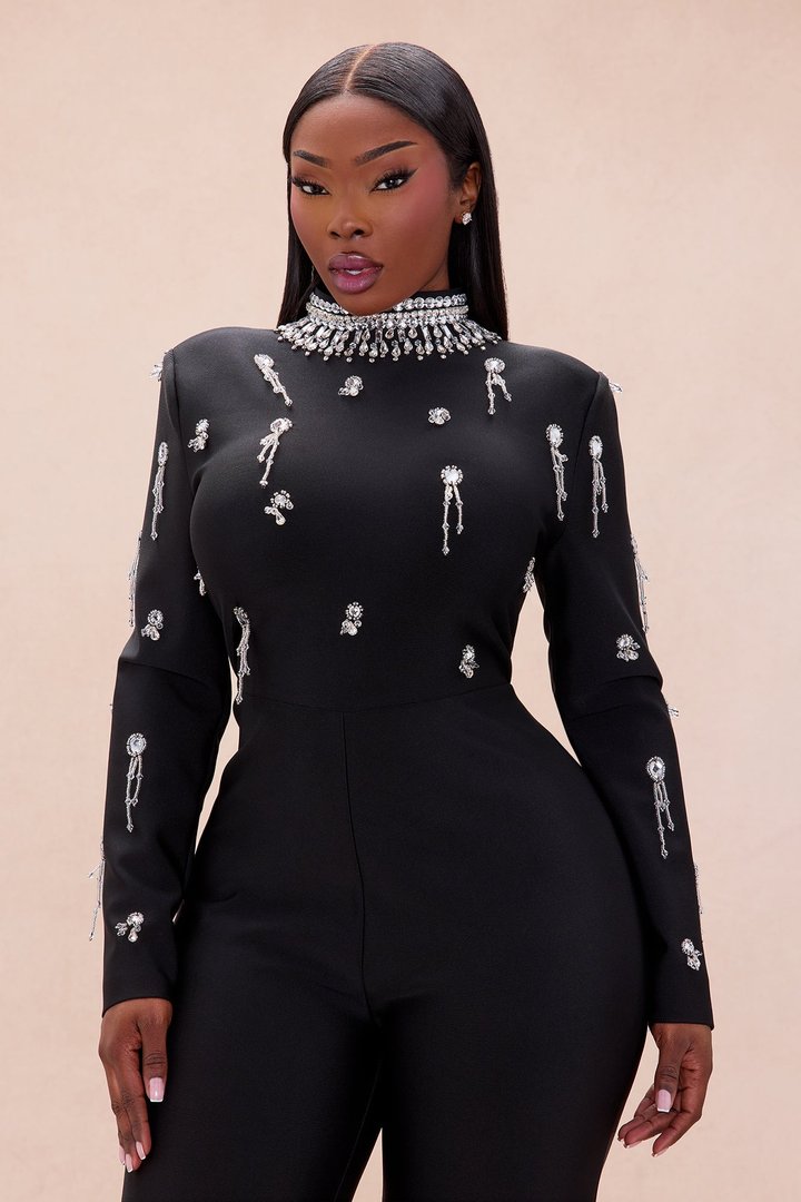 Tatum Rhinestone Bandage Jumpsuit - Black