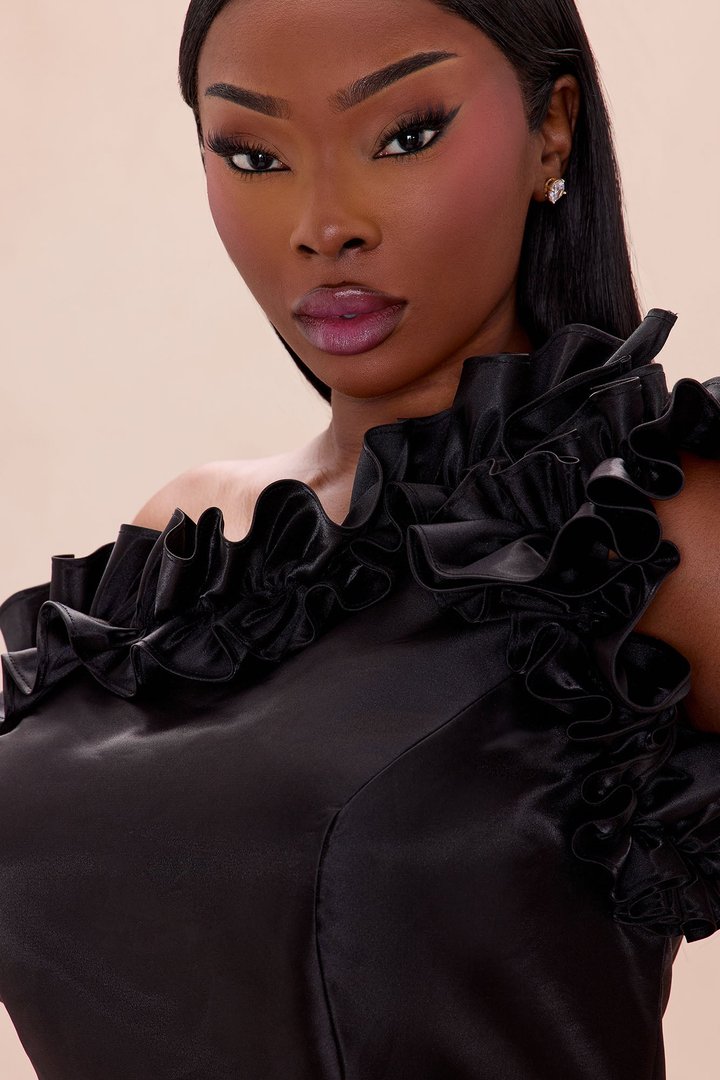 Taylor One Shoulder Ruffle Midi Dress - Black
