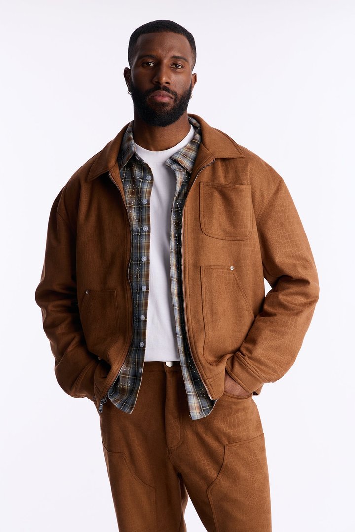 Matte Croc Faux Leather Jacket - Brown