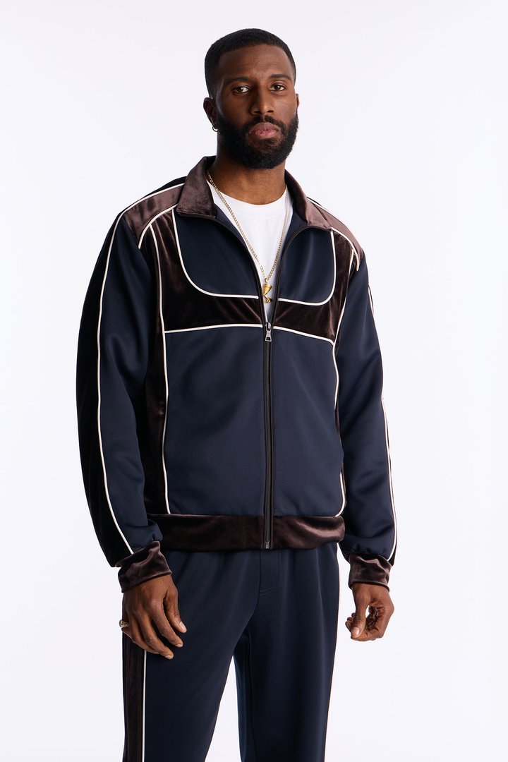 Relaxed Lexington Funnel Neck Velour Track Jacket - Navy