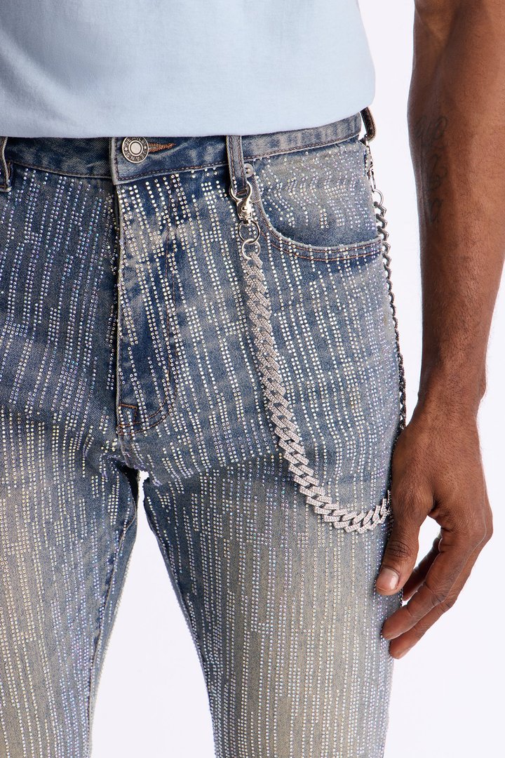 Stacked Skinny Flare Prizm Jeweled Jean - Vintage Blue Wash
