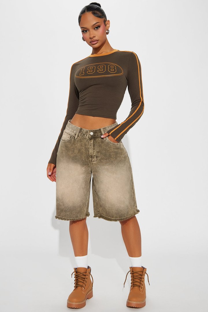 Come A Long Way Baggy Denim Jorts - Olive