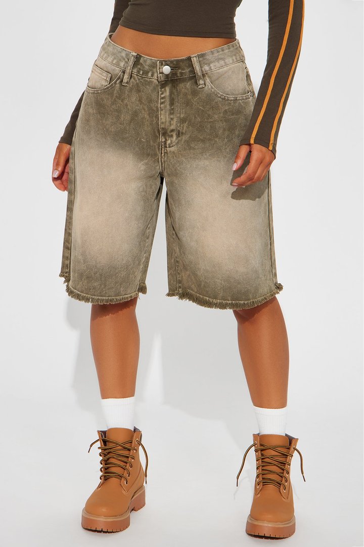 Come A Long Way Baggy Denim Jorts - Olive