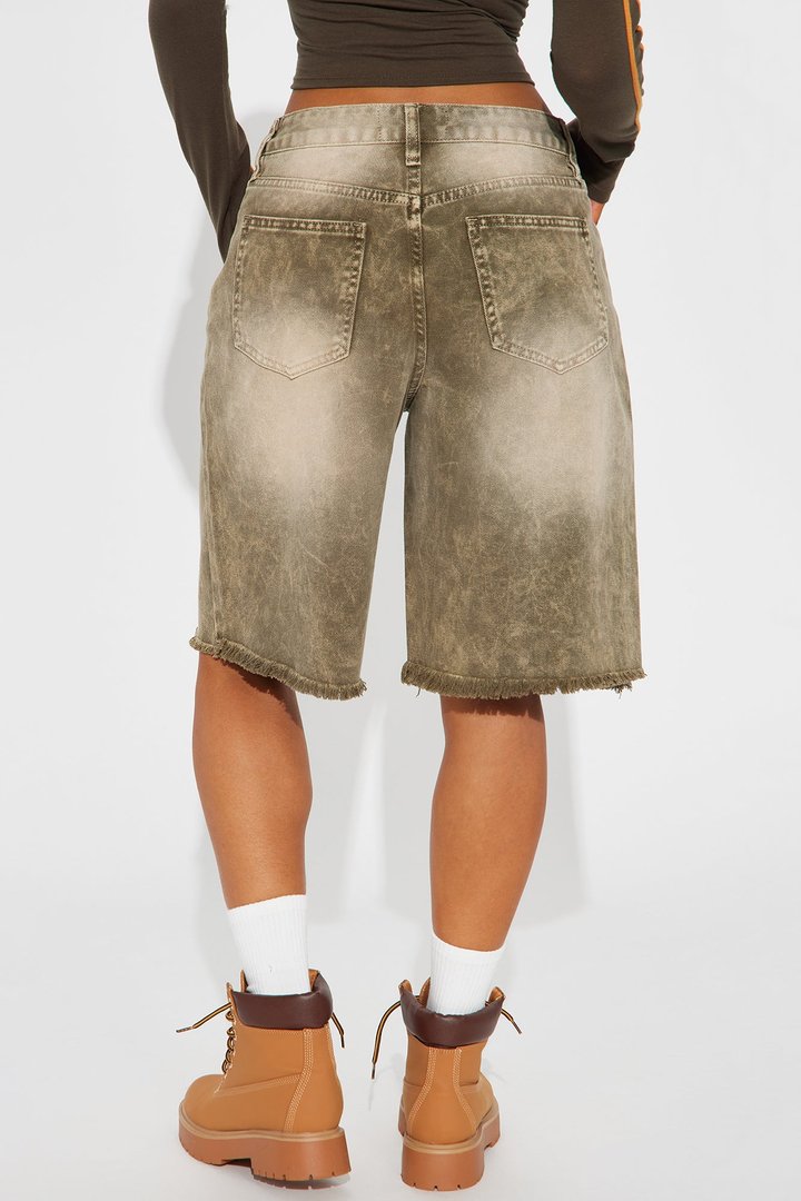 Come A Long Way Baggy Denim Jorts - Olive
