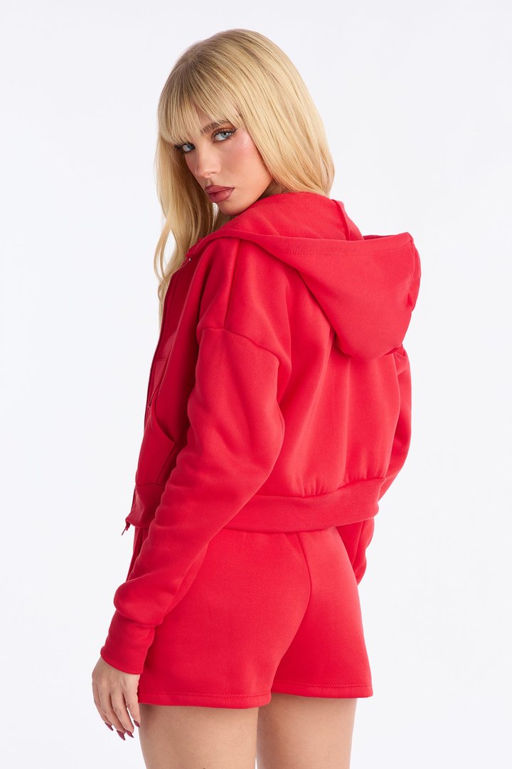 Nadine Fleece Zip Up Hoodie Short Set - Red