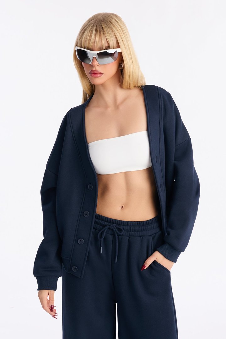 Comfort Season Fleece Button Up Sweatshirt - Navy