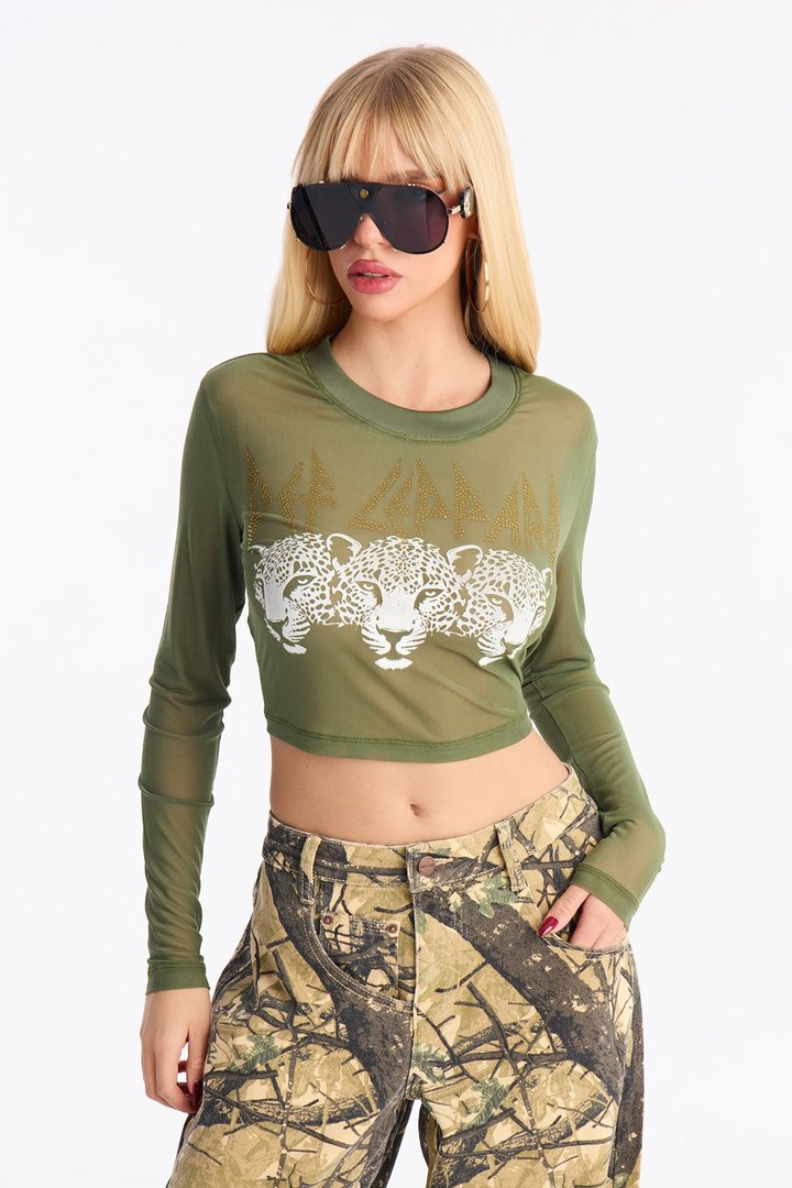 Def Leppard Mesh Long Sleeve Baby Tee - Military Green