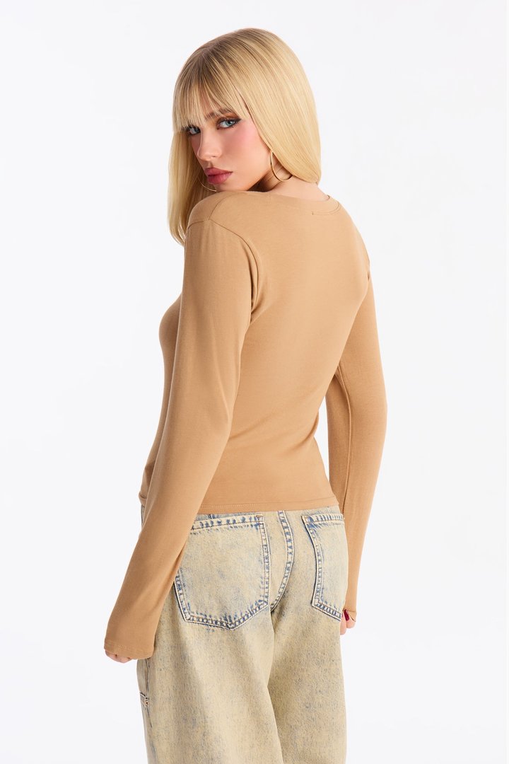 Elise Round Neck Long Sleeve Top - Camel