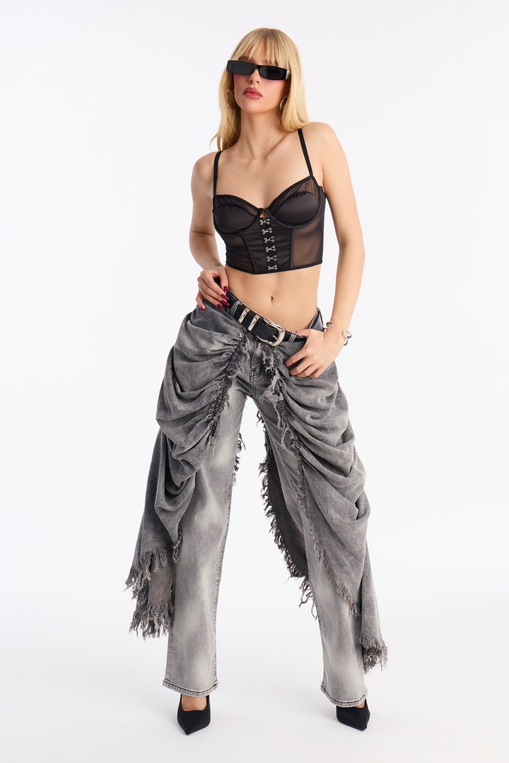 La Belle Skirt Overlay Straight Leg Jeans - Grey