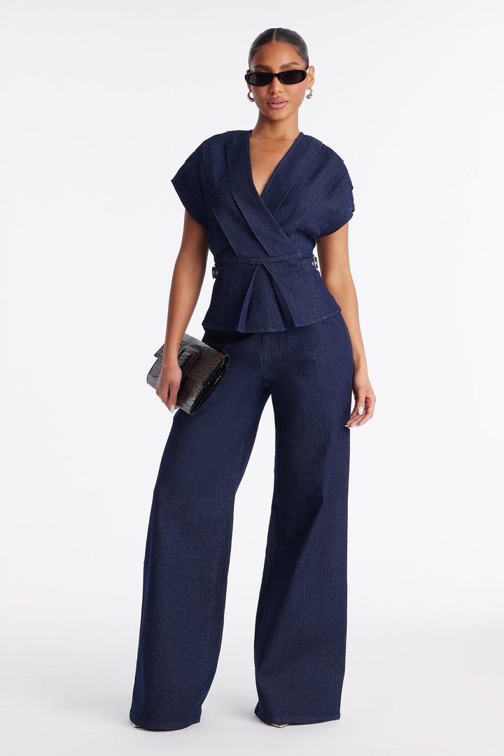 Gigi Denim Buckle Pant Set - Dark Denim