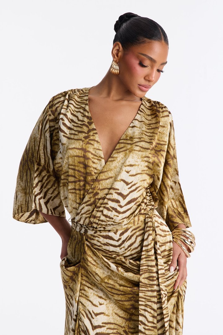 Sleek Taste Printed Satin Maxi Dress - Brown/combo