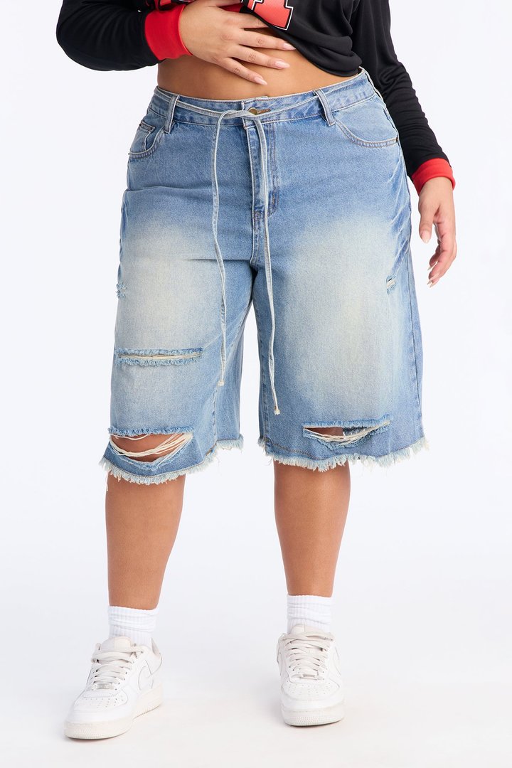 Ludlow Drawstring Ripped Denim Jorts - Vintage Wash