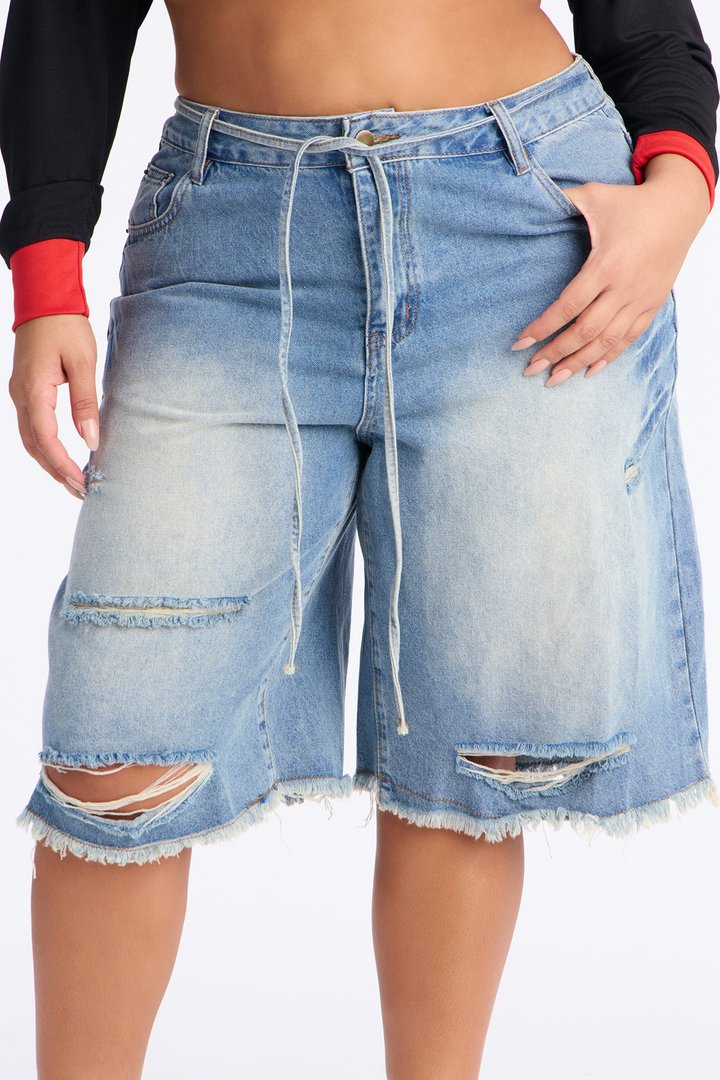 Ludlow Drawstring Ripped Denim Jorts - Vintage Wash