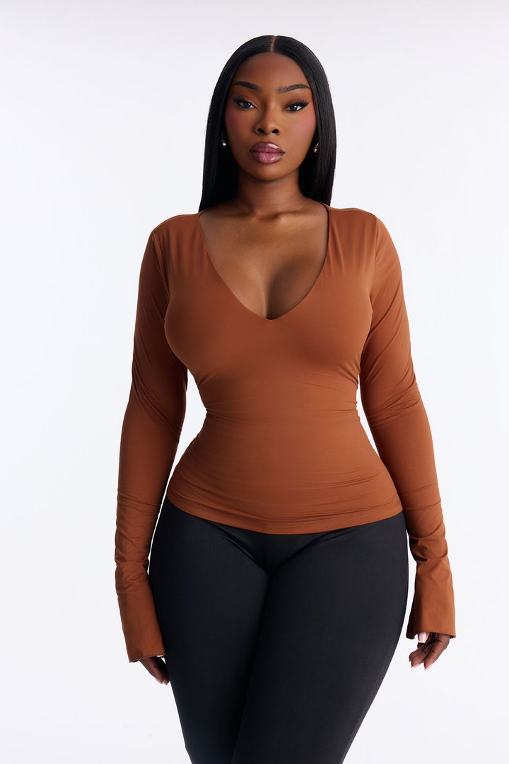 Second Skin Deep U Neck Long Sleeve Top - Mocha