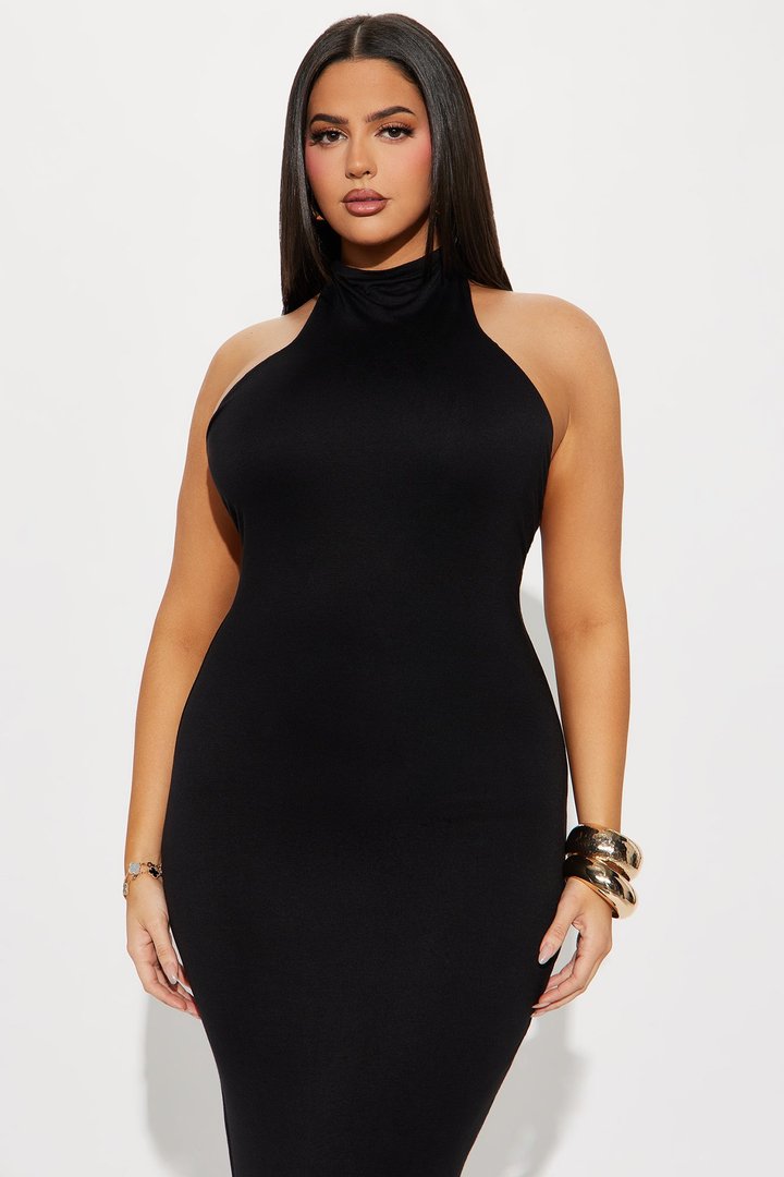 Smooth Double Lined Halter Maxi Dress - Black