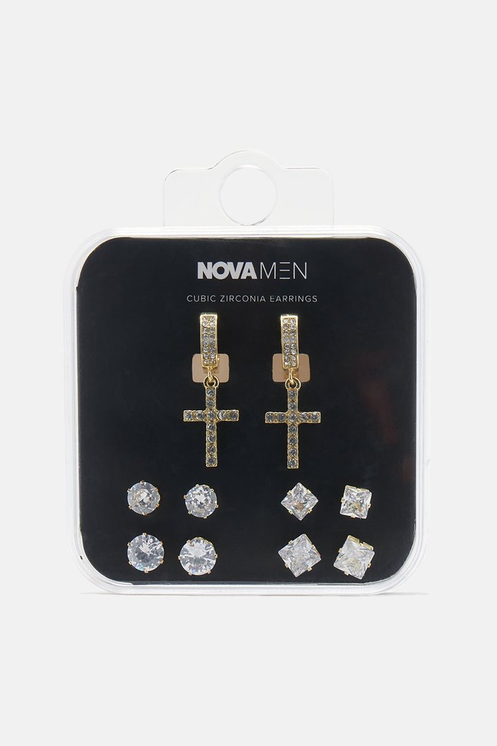 Iced Dangling Cross 5 Piece Earring Set - Gold