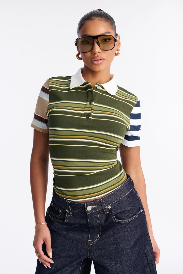 Lona Short Sleeve Polo Top - Olive/combo