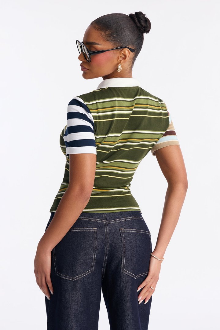 Lona Short Sleeve Polo Top - Olive/combo
