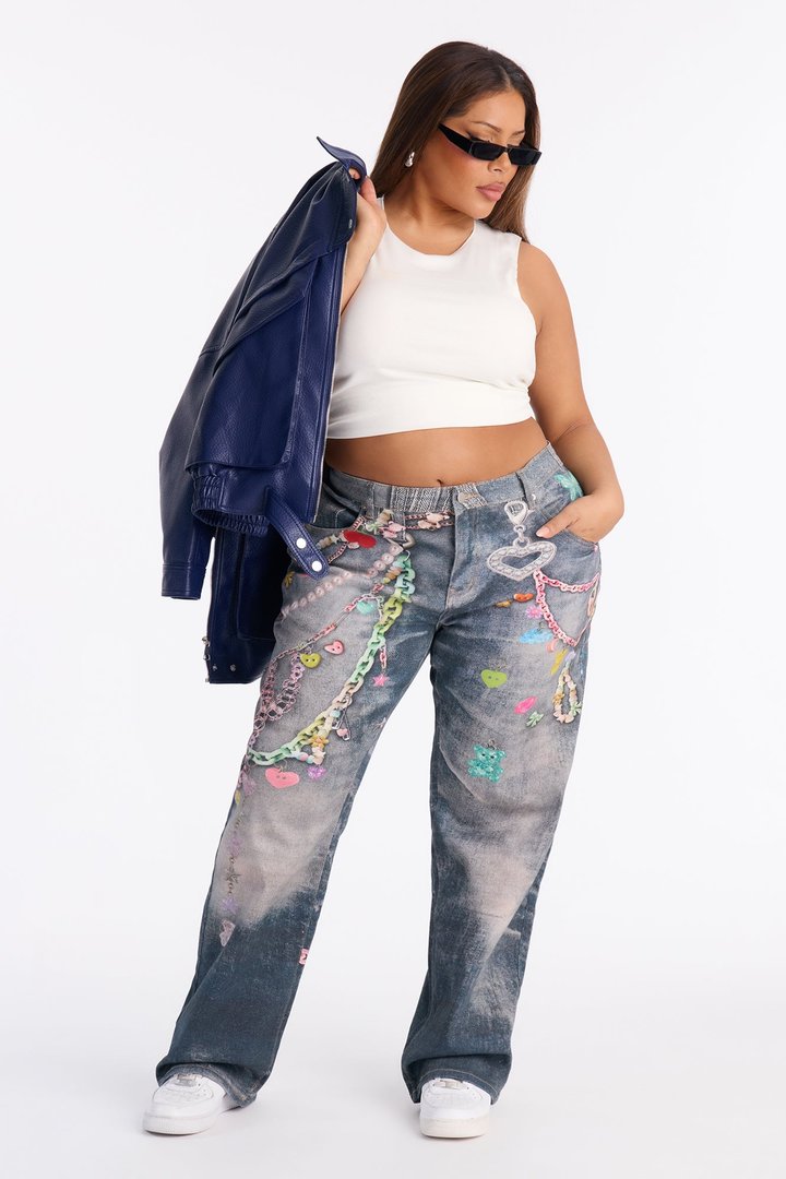 Sweet Charms Printed Straight Leg Jeans - Dark Wash