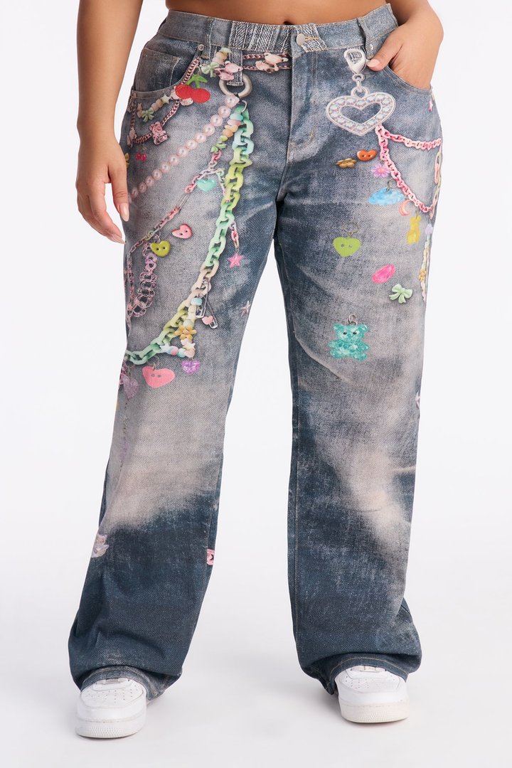Sweet Charms Printed Straight Leg Jeans - Dark Wash