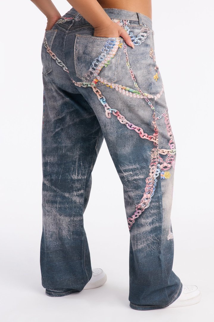 Sweet Charms Printed Straight Leg Jeans - Dark Wash