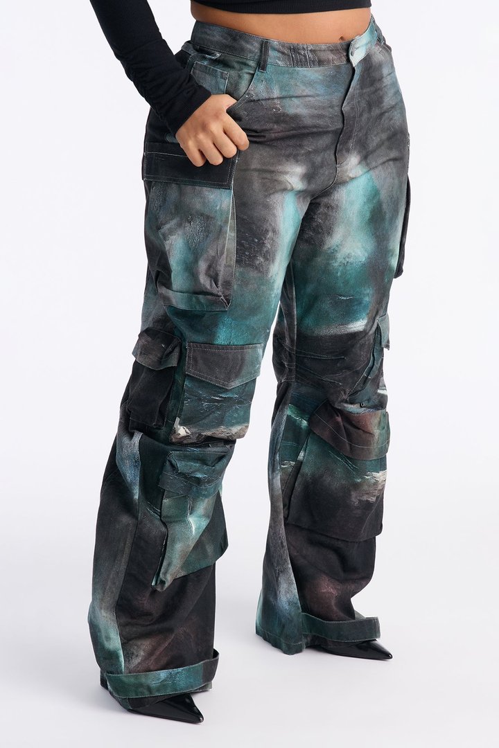 Alba Cargo Wide Leg Low Rise Pant 32″ - Green/combo