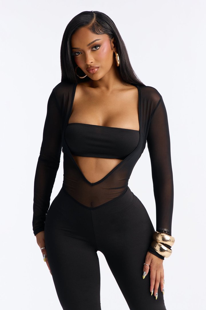 Iliana Mesh Cutout 2 Piece Jumpsuit Set - Black