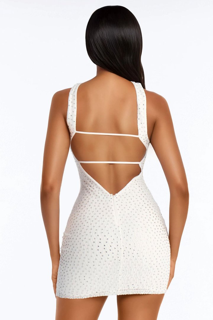 Kaia Embellished Mesh Mini Dress - White