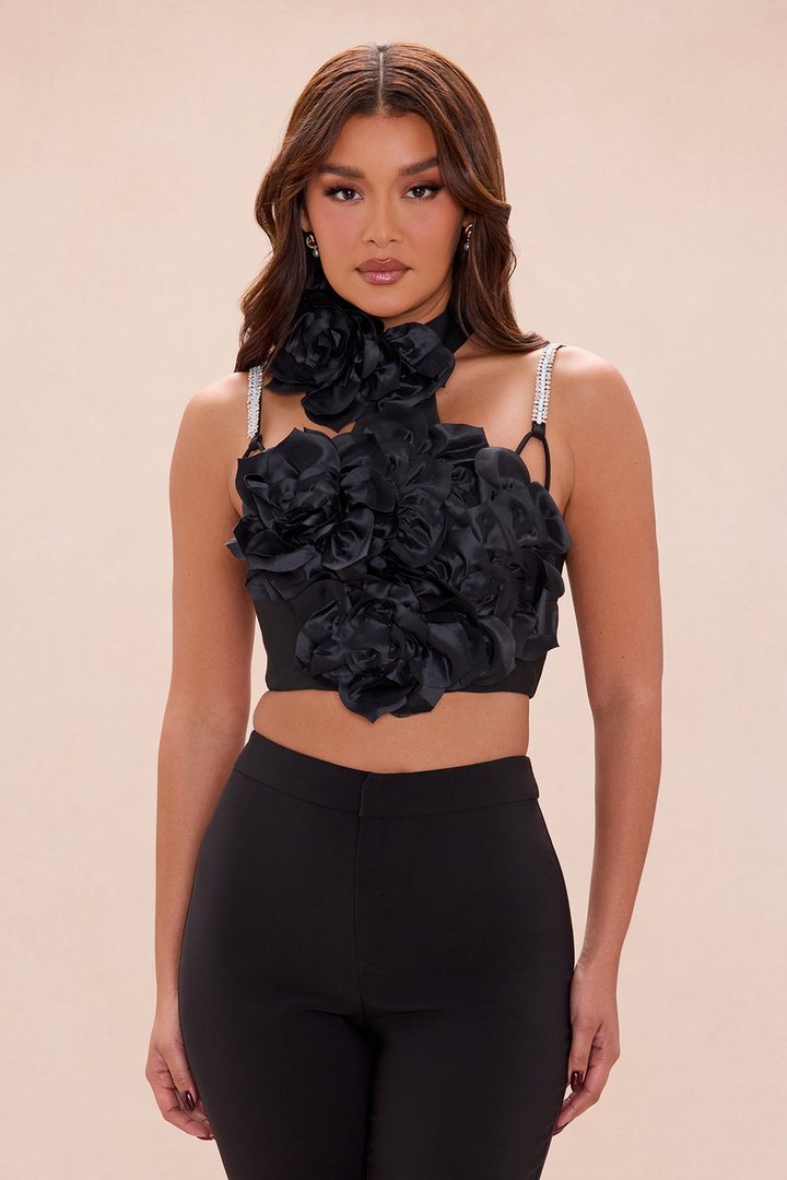 Raven Floral Applique Crop Top - Black