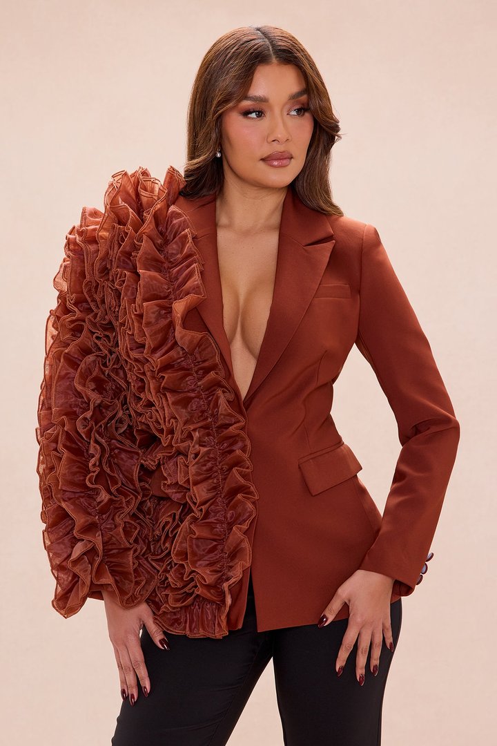 Camellia Ruffle Blazer - Brown