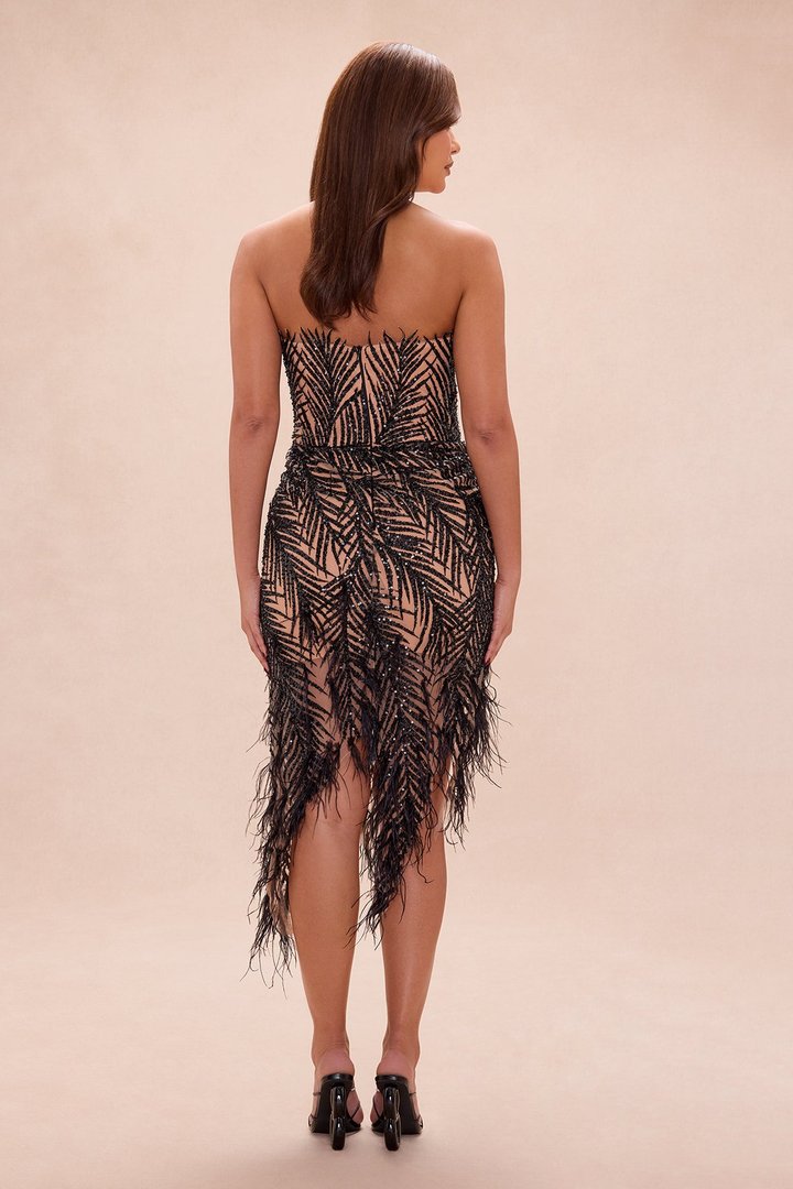 Camille Feathered Embellished Midi Dress - Black