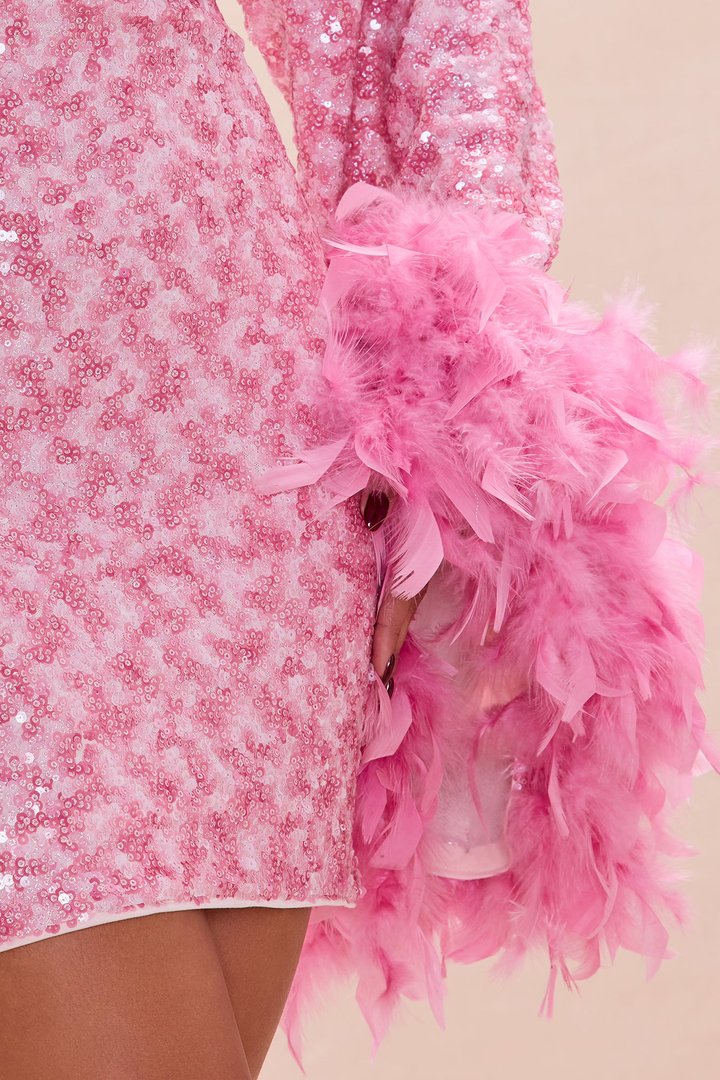 Opal Dreams Feathered Sequin Mini Dress - Pink