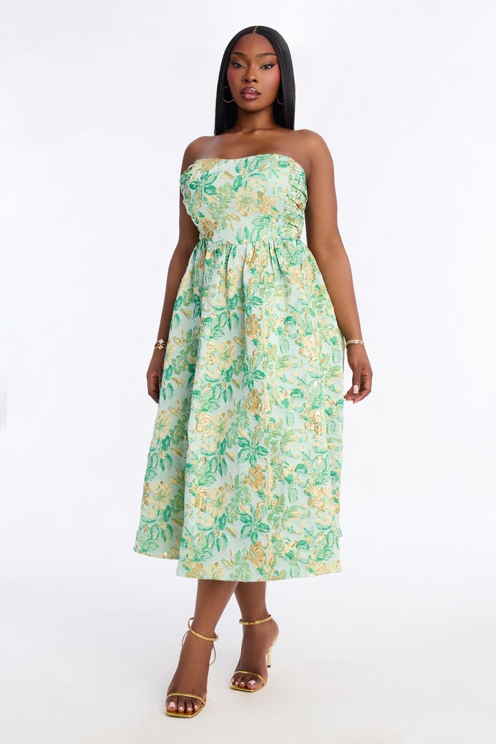 Sweet Like Me Glitter Floral Jacquard Midi Dress - Green