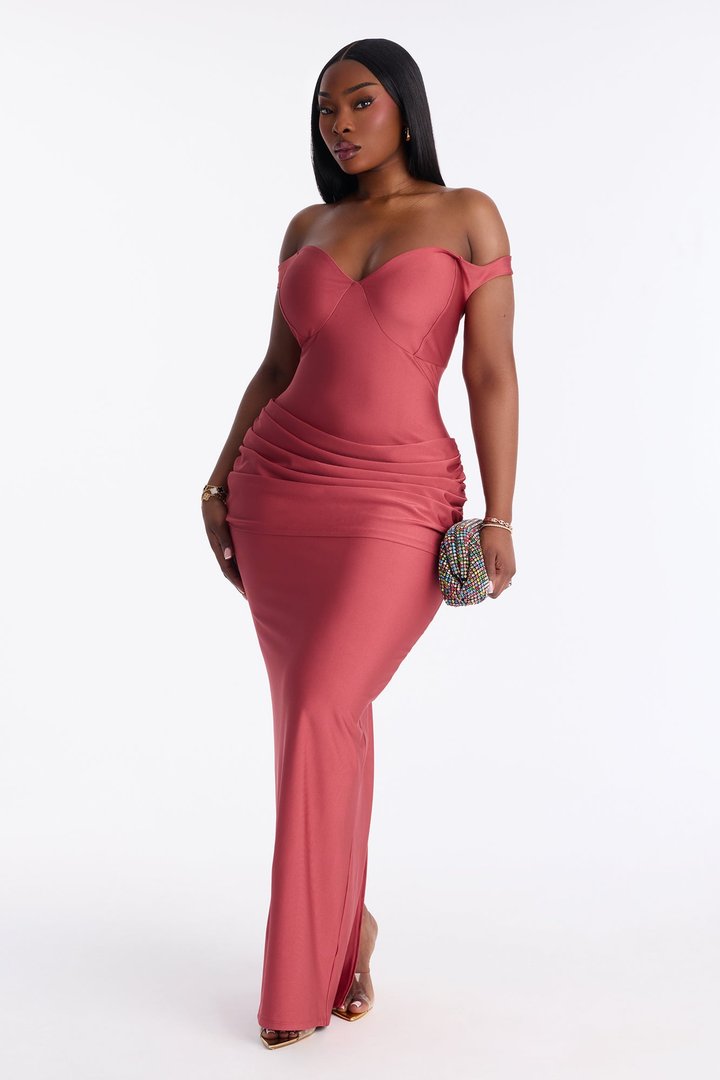 Amelya Off Shoulder Tricot Gown - Marsala