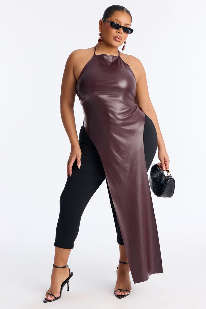 Melina Long Faux Leather Halter Top - Burgundy