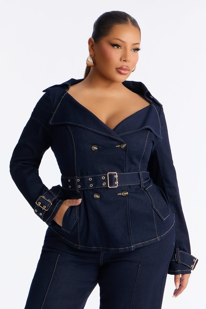 Ellanor Belted Trench Denim Pant Set - Dark Denim