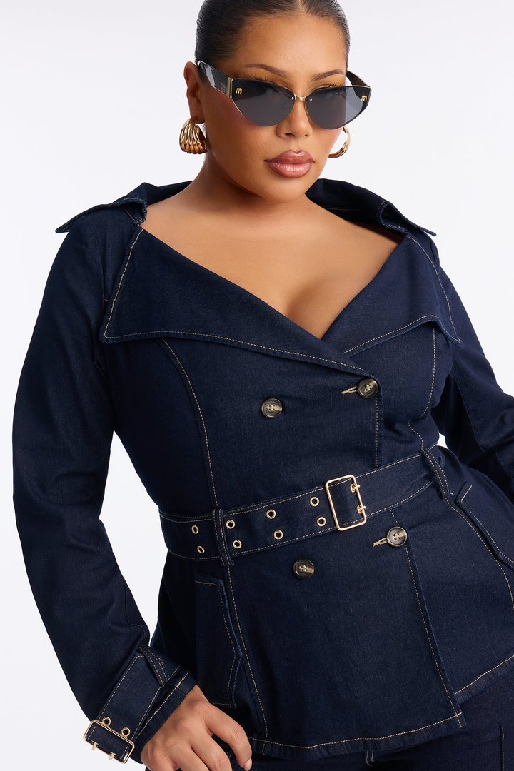 Ellanor Belted Trench Denim Pant Set - Dark Denim