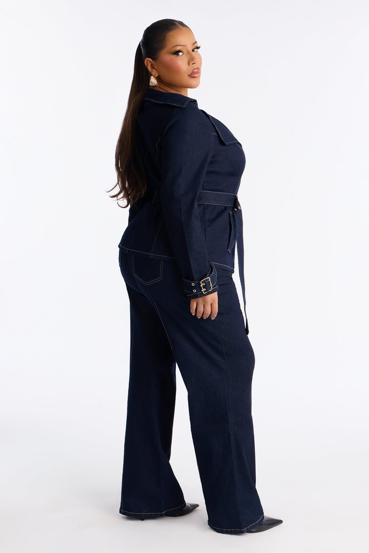 Ellanor Belted Trench Denim Pant Set - Dark Denim
