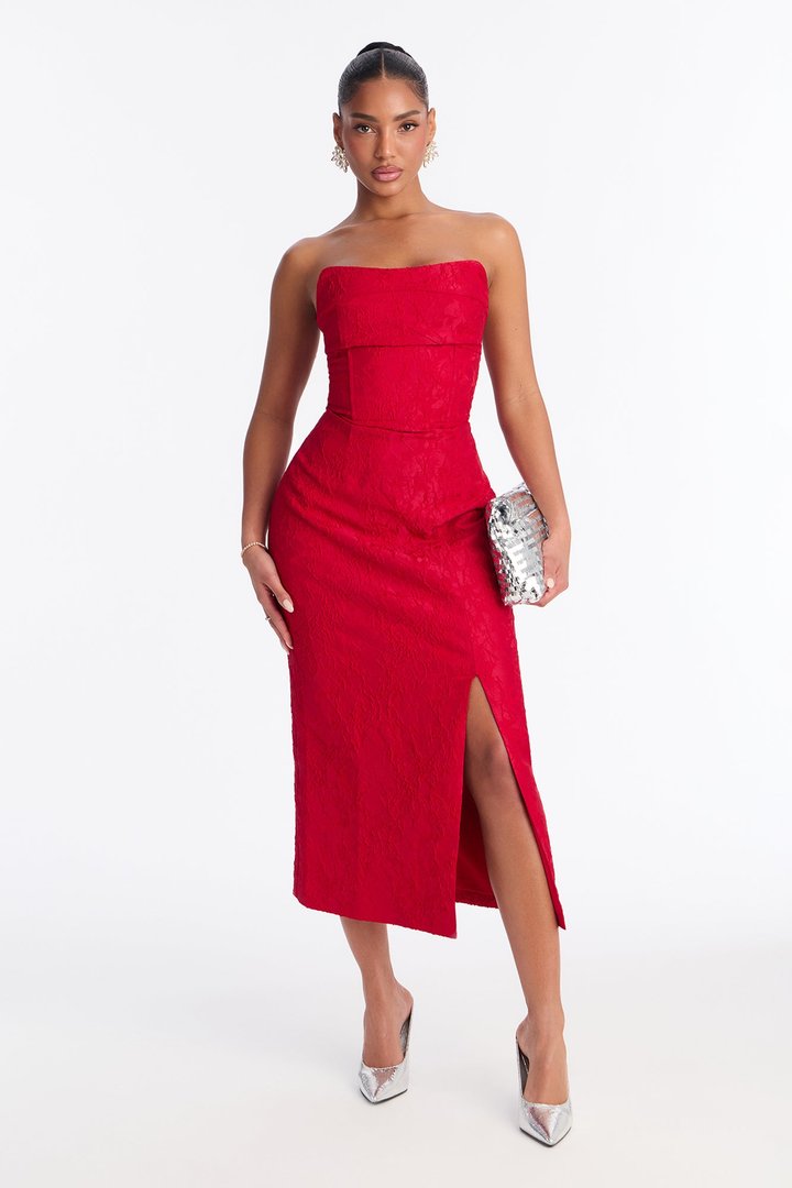 Scarlett Strapless Floral Jacquard Midi Dress - Red